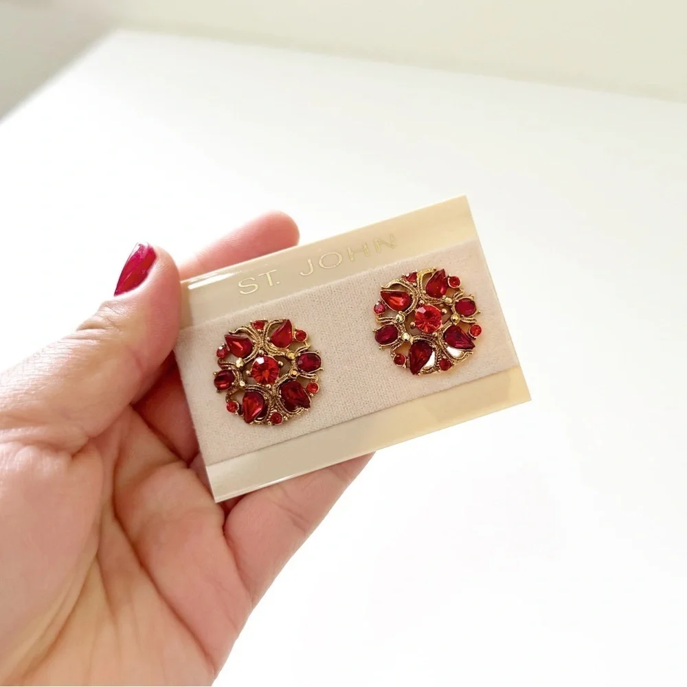 St. John Designer Vintage 1990 NWT Ruby Red and Gold Clip-On Earrings